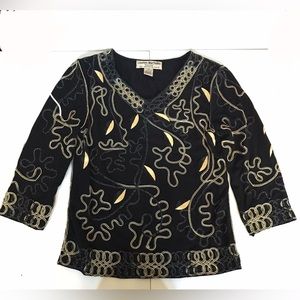Vintage Lauren Michelle Black and Gold 3/4 Length Sleeve Top